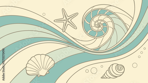 Stylized illustration of a nautilus shell and starfish amidst flowing waves and seashells evoking a serene and artistic coastal beach theme with a vintage color palette