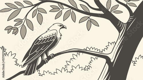 A majestic eagle perched on a tree branch its keen eyes surveying the surroundings surrounded by stylized leaves and foliage evoking a sense of nature and wildlife