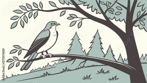 A stylized illustration of a bird of prey perched on a tree branch in a forest landscape with pine trees and rolling hills under a pale sky