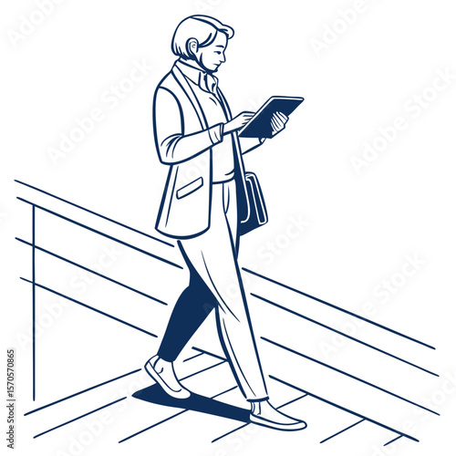 A stylishly dressed businesswoman walks down a set of stairs while intently focused on her tablet computer carrying a bag over her shoulder
