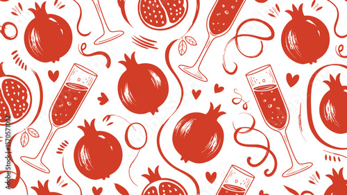 Seamless pattern with pomegranates champagne flutes hearts and swirls in shades of red and cream color