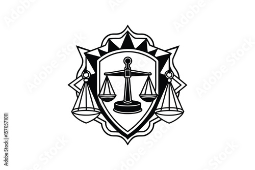 Ornate Scales of Justice Emblem in Black and White Style