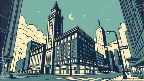Stylized illustration of a city street scene at dusk with tall buildings a crescent moon and stars in a teal sky featuring a crosswalk and streetlights