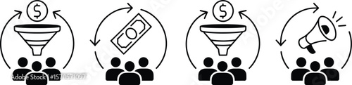 Four diagrams showing funnels, money, and a megaphone with people in a marketing concept