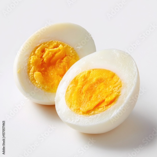 Perfectly Cooked Soft Boiled Egg Halves on White Background