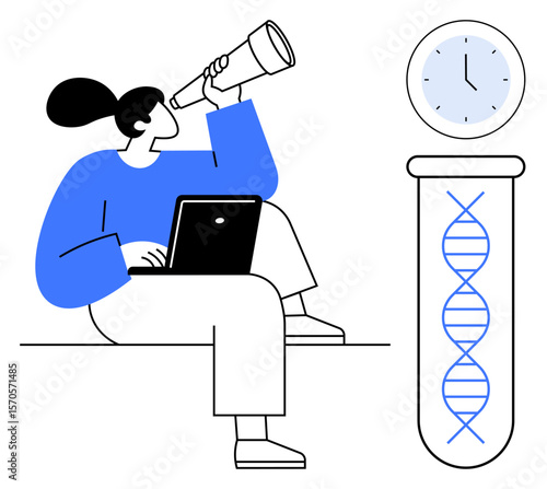 Researcher holding telescope, using laptop, DNA structure in test tube beside clock. Ideal for science, innovation, genetics, research, biotechnology analysis discovery. Simple flat metaphor