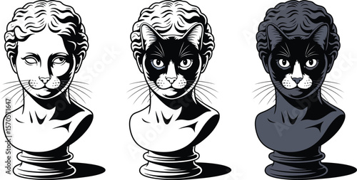 Three cat bust statues in different shades of gray on a light gray background in vector style