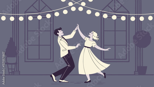 A joyful couple dances under a string of festive lights on a cool evening celebrating a special occasion with elegance and romance