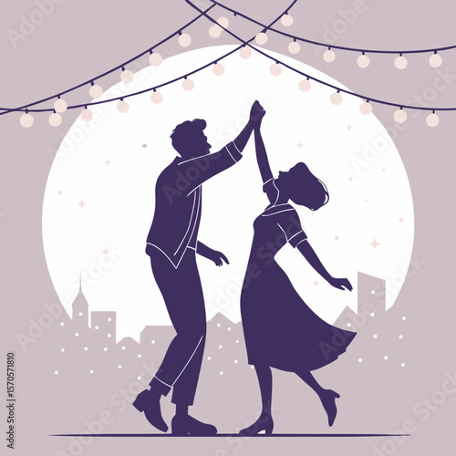 A romantic couple dancing under a string of glowing lights and a large moon with a cityscape silhouette in the background creating a magical evening