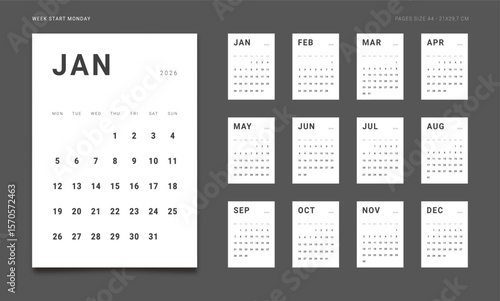 2026 Calendar Planner Set of Template Monthly Page with Note and cover with Place for Photo, Company Logo. Vector grid layout of wall or desk organizer with week start Monday for print. Pages size A4