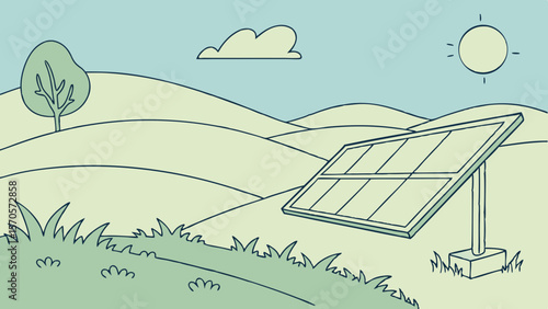 A charming hand drawn illustration depicts a solitary solar panel standing on a grassy hillside under a clear blue sky with a smiling sun and a fluffy cloud