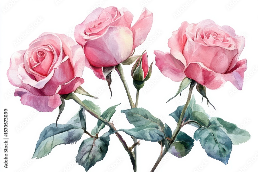 Obraz premium Watercolor Roses Bouquet Pink Floral Art Romantic Flower Painting Bud and Bloom on white background. Generative Ai