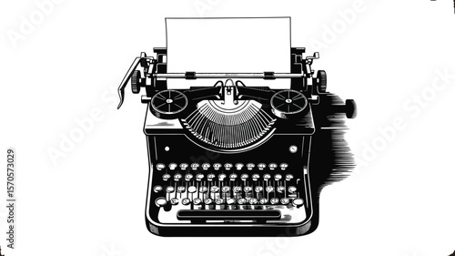 Illustration of a vintage typewriter with paper inserted on a textured background in black and white