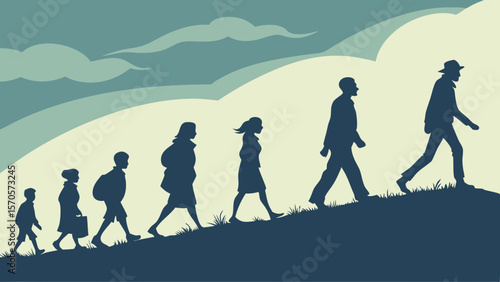 A diverse group of people of varying ages and genders walk in silhouette up a grassy hill towards a bright sky symbolizing progress and the journey of life