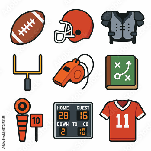 Collection of american football game elements and equipment icons