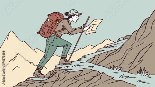 A woman hiker with a backpack and walking stick ascends a rocky mountain path consulting a map to navigate the challenging terrain and reach her destination