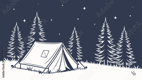 A solitary tent is pitched in a grassy clearing surrounded by tall pine trees under a dark night sky filled with twinkling stars and a crescent moon