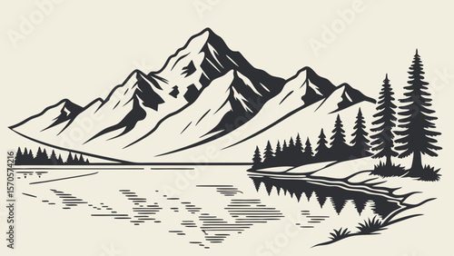 A striking black and white graphic illustration depicts a majestic mountain range reflected in a calm lake surrounded by a dense forest of pine trees