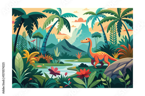 Whimsical Dinosaur Adventure An Orange Sauropod Strolls Through a Lush Prehistoric Landscape