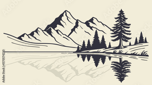 Serene mountain range reflected in calm lake water with silhouetted pine trees on the shore creating a peaceful natural landscape scene