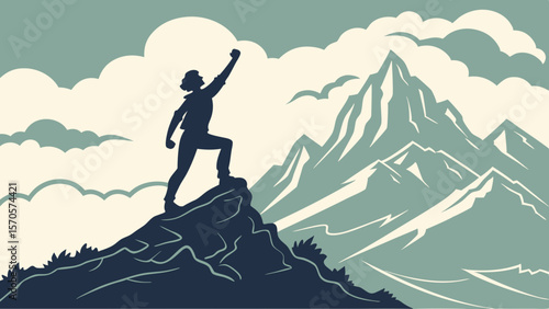 Silhouette of a triumphant climber raising their fist in victory atop a rugged mountain peak against a backdrop of dramatic clouds and majestic mountain ranges