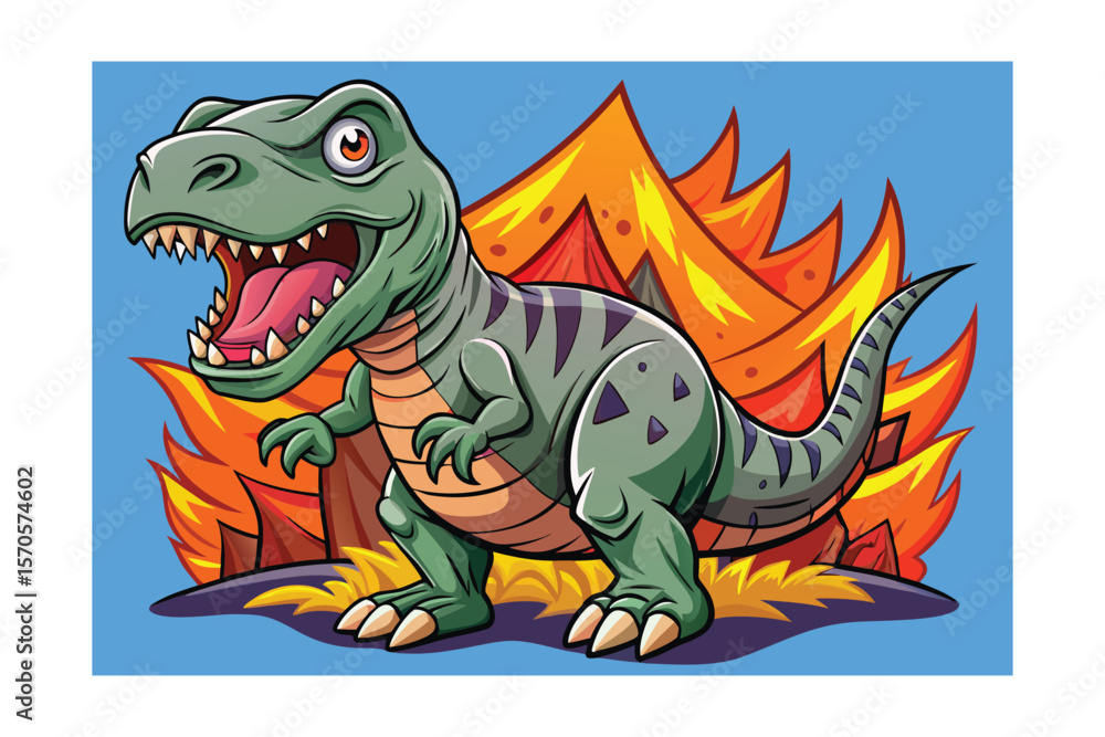 Obraz premium Cartoon Tyrannosaurus Rex Roaring in Front of Fiery Volcano, Prehistoric Predator Surrounded by Lava and Ash, Dangerously Close to Explosion