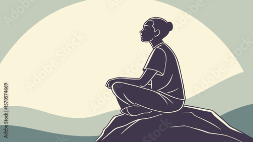 A solitary figure in silhouette meditates peacefully on a rocky outcrop gazing thoughtfully into the distance with a serene expression embodying tranquility and mindfulness