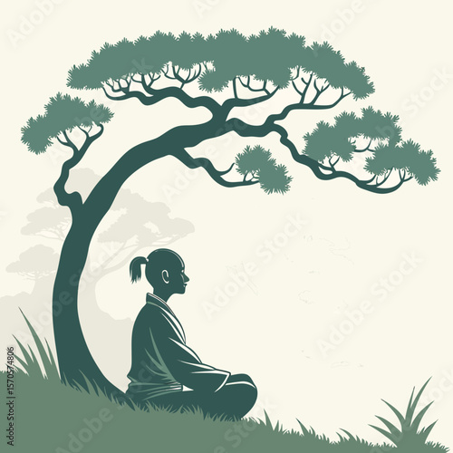 A serene silhouette of a person meditating peacefully under the sprawling branches of a large ancient pine tree on a grassy hill with a soft pale background