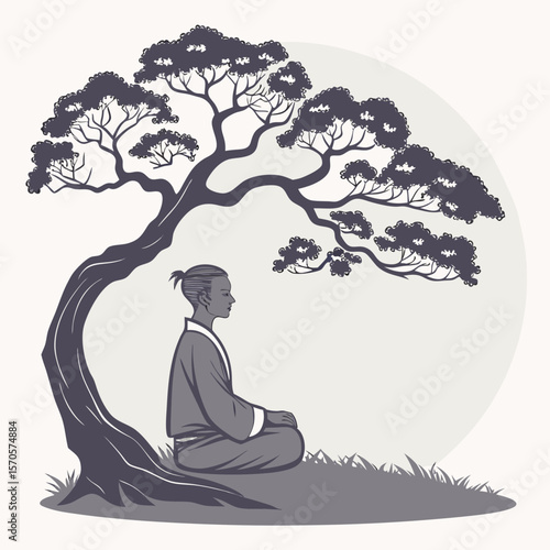 A solitary man in traditional japanese attire sits in a meditative pose beneath the sprawling branches of an ancient stylized pine tree embodying tranquility and mindfulness