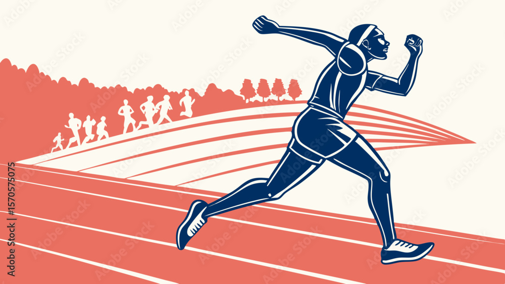 Obraz premium Dynamic illustration of a determined athlete in full sprint on a running track with a stylized landscape and a group of runners in the background symbolizing competition and achievement
