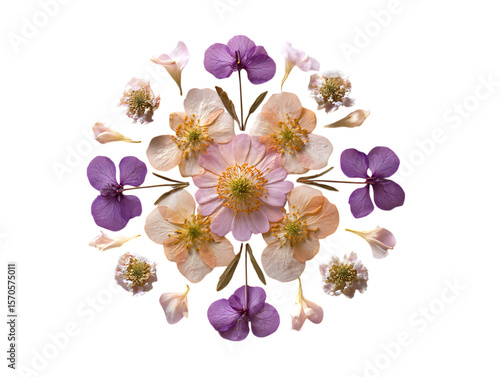  Pressed Flowers in Radial Composition on White Background 