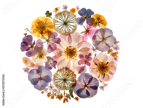  Pressed Flowers in Radial Composition on White Background 