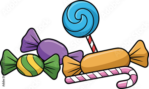 A cartoon depiction of various candies including lollipops and wrapped sweets on a white background
