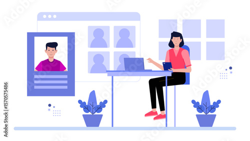 Employees using virtual whiteboard for collaboration flat vector illustration