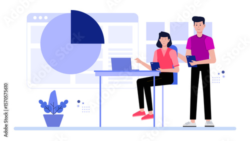 Project team setting milestones with Gantt chart flat vector illustration