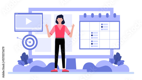 Content strategist planning social media calendar flat vector illustration