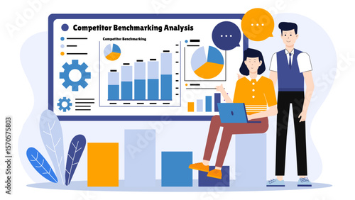 Marketing team analyzing competitor benchmarking flat vector illustration