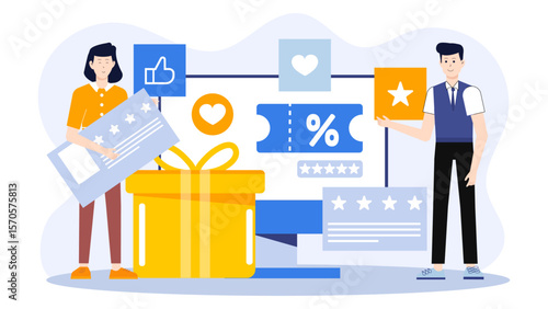 Business owner reviewing loyalty program flat vector illustration