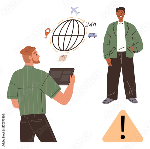 Man using tablet for international logistics, surrounded by globe, delivery icons, and alert triangle. Ideal for business, shipping, e-commerce, planning technology alerts adaptability. Simple