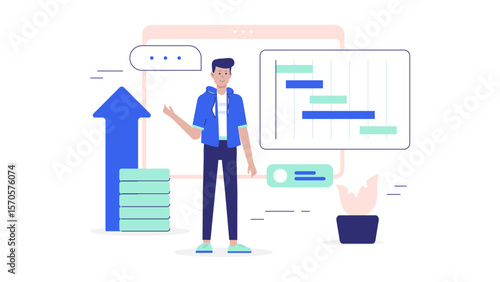 Startup pitching business model to investors flat vector illustration