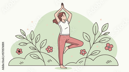 A young woman in a white t shirt and pink pants practices yoga in a serene outdoor setting with green hills delicate flowers and leafy branches embodying balance and mindfulness