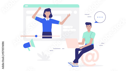 Digital marketing team planning influencer outreach flat vector illustration
