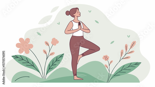 A woman in a yoga pose standing on one leg with hands pressed together in prayer position surrounded by stylized plants and flowers in a serene outdoor setting representing wellness and mindfulness