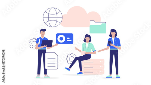 IT team auditing cloud infrastructure flat vector illustration