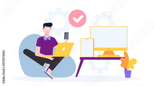 Remote worker syncing tasks across devices flat vector illustration