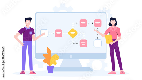 UX team reviewing user flow diagrams flat vector illustration