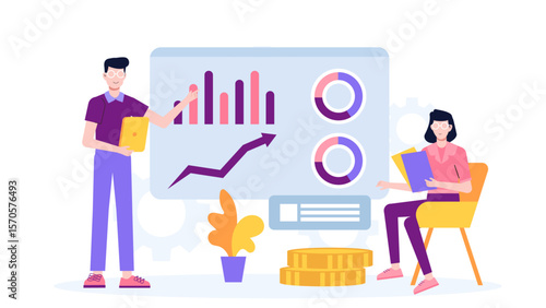 Startup pitching business model to investors flat vector illustration
