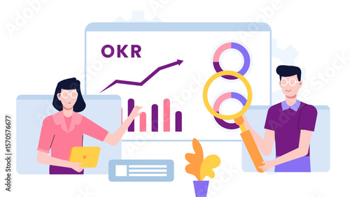 Remote team reviewing OKR dashboard progress flat vector illustration