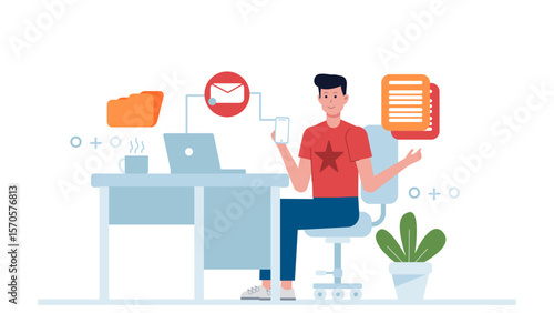 Remote worker syncing tasks across devices flat vector illustration