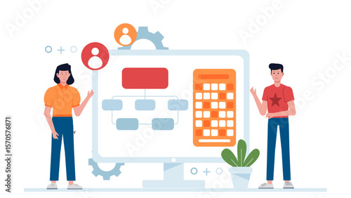 UX team reviewing user flow diagrams flat vector illustration